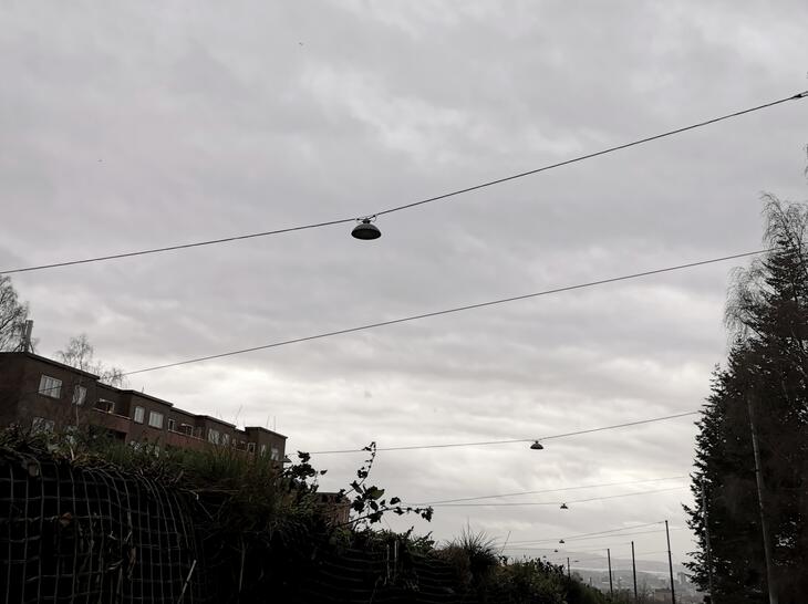 En gatelykt med overskyet himmel bak.