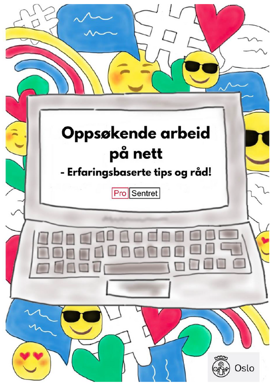 Forside med håndtegninger av emojier og en data. og tittel på rapporten "Oppsøkende arbeid på nett".