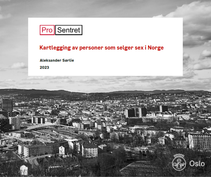 Bilde av forsiden på den nye rapporten "Kartlegging av personer som selger sex i Norge". Bakgrunnen er et svarthvitt utsiktsbilde over Oslo.