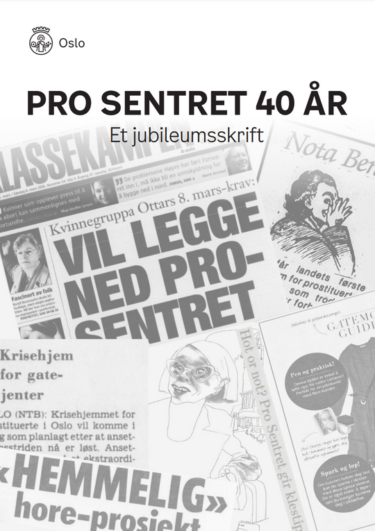 Forsiden på Pro Sentrets jubileumsskrift med gamle avisoverskrifter.