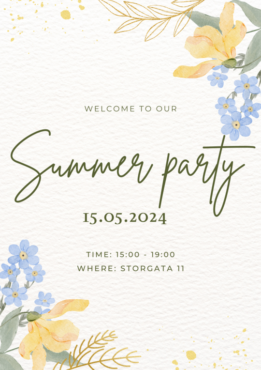 White background with yellow and blue flowers. The text with information about the summer party is green