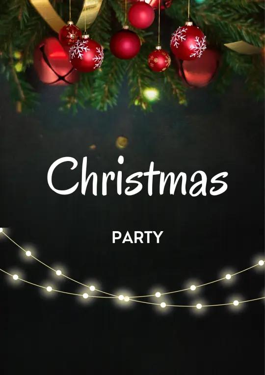 Grønt granbar på toppen av bilde med røde julekuler. Sort bakgrunn med hvit skrift midt på bilde hvor det står christmas party. Under skriften er det to lyslenker